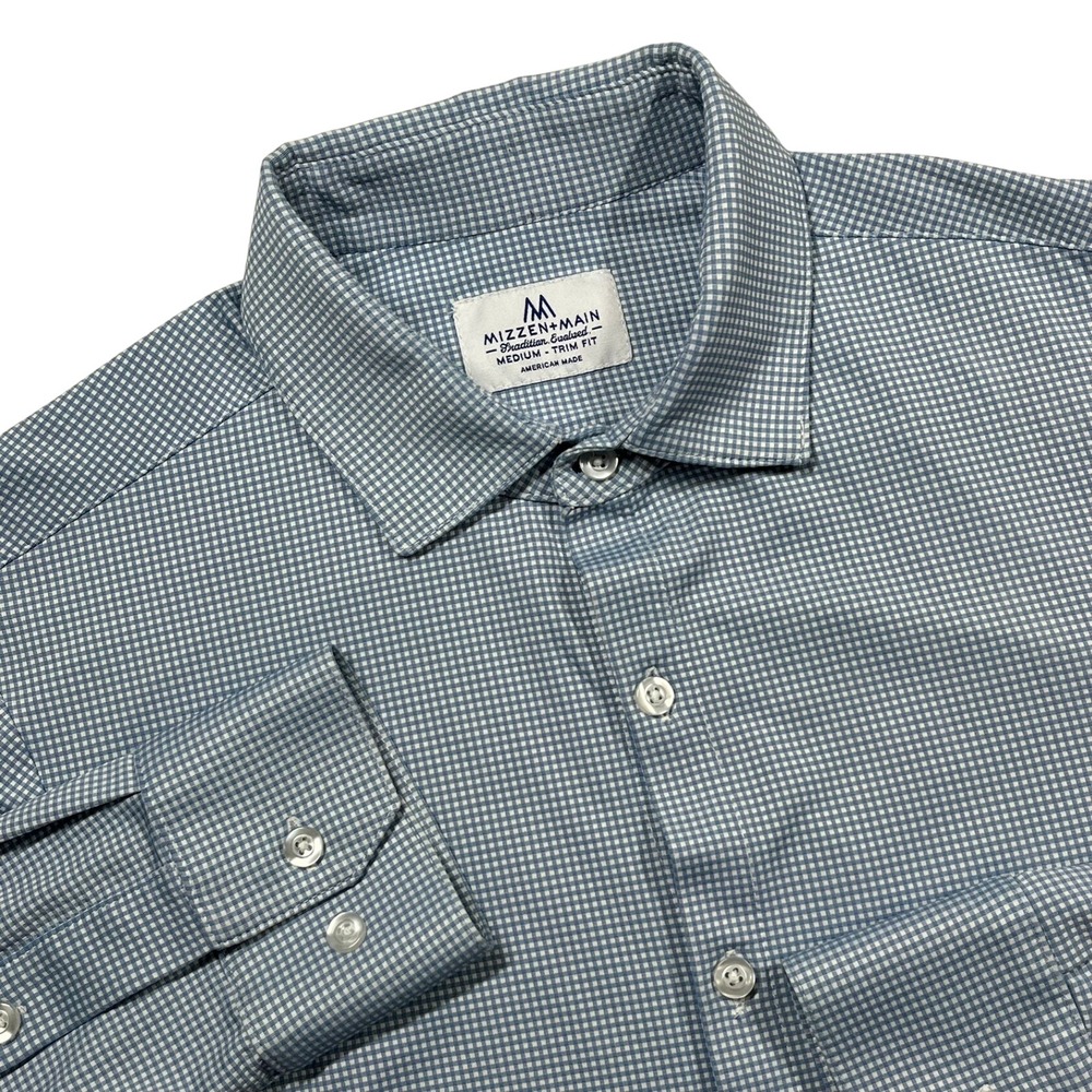 Mizzen+Main Dress Shirt Mens Medium Blue Trim Fit Performance Gingham Stretch